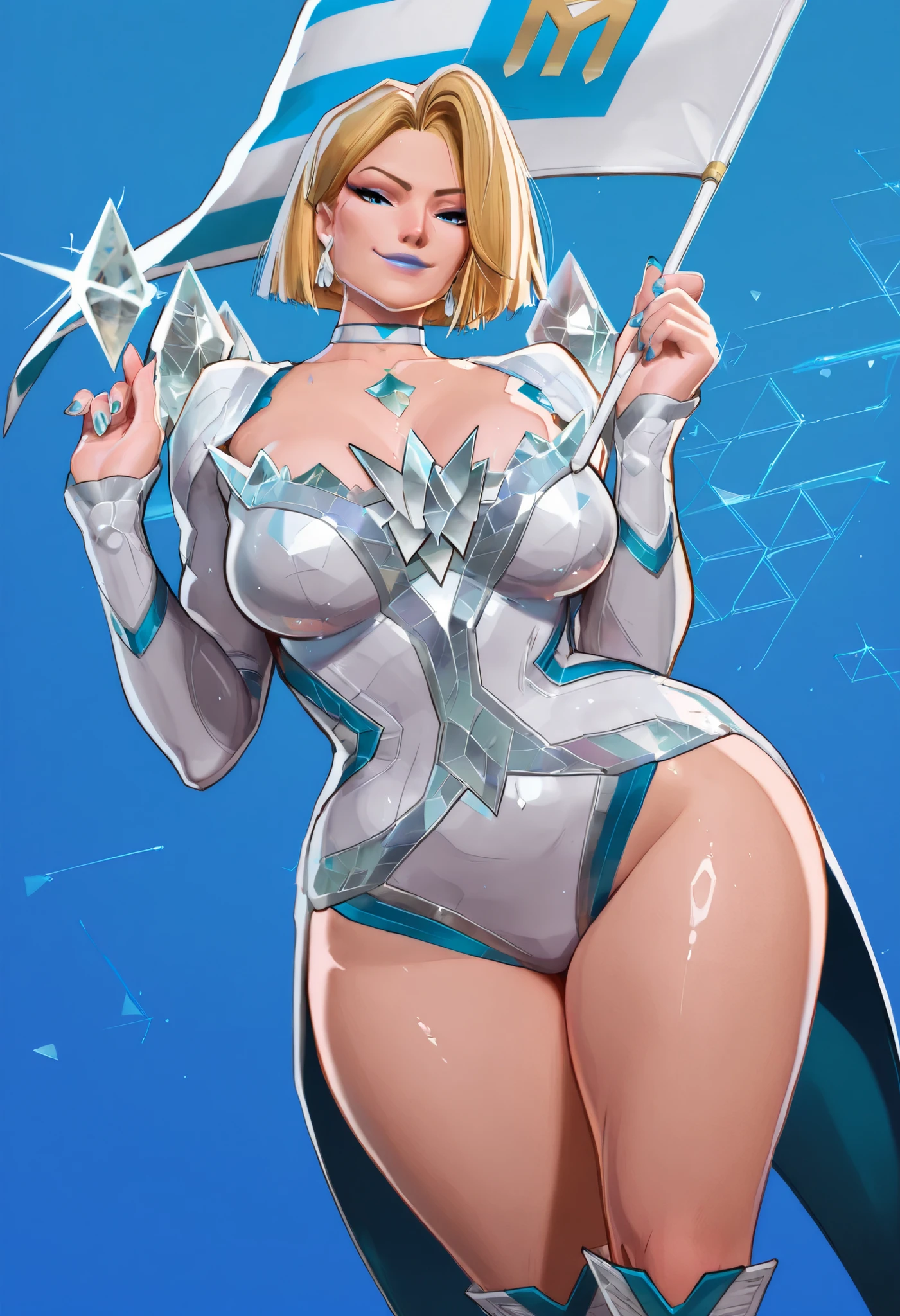  2d . r1vals, slender woman, with long legs and a beautiful face.. Emma Frost from Marvel Rivals, eyeliner, blue eyes, earrings, emma_frost_marvelrivals, (Argentina Flag), (light blue and white flag), flag in hands up, flag in hands. (((fit woman))), (((big flag behind her))), woman holding a flag and smiling while standing against a blue background, holds big flag with both hands behind her:, happy, smilling, blonde hair. , white choker, blue eyes, white dress, blue dress, multicolored dress,, long sleeves, ((crystal dress)), long sleeves, ((coattails)), choker, knee boots,, thighs,looking at viewer,, medium breasts, superhero, earrings, shiny hair.  round face, thin nose, sexy face, narrow face, makeup,  ((holding a flag with two hands)), geometric shapes on the background, ((abstract background)), ((simple blue  background)),, beautiful woman,blue eyes,,1girl,,seductive smirk, medium breasts, masterpiece,  absurdres,, depth of field,, dynamic angle, nail polish, realism,smiling evilly, sexy, seductive,,a mesmerizing woman,, saggy breasts, (wide hips), masterpiece, best quality,, best quality,1woman, mature woman,,
