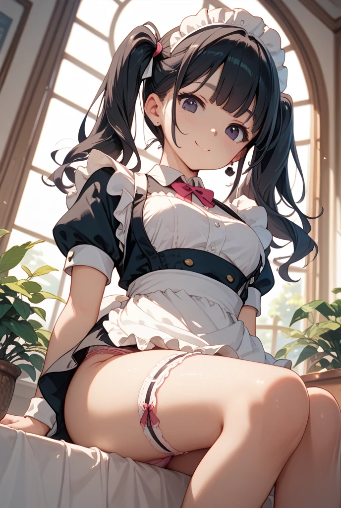 A woman is wearing a black and white maid outfit and has her hands on the desk., alone, panties, underwear, skirt, (shiny pink satin panties:1.3)、panties that cover the butt、garter belt, embarrassed expression, Thighhighs, skirt lift, think back, realistic