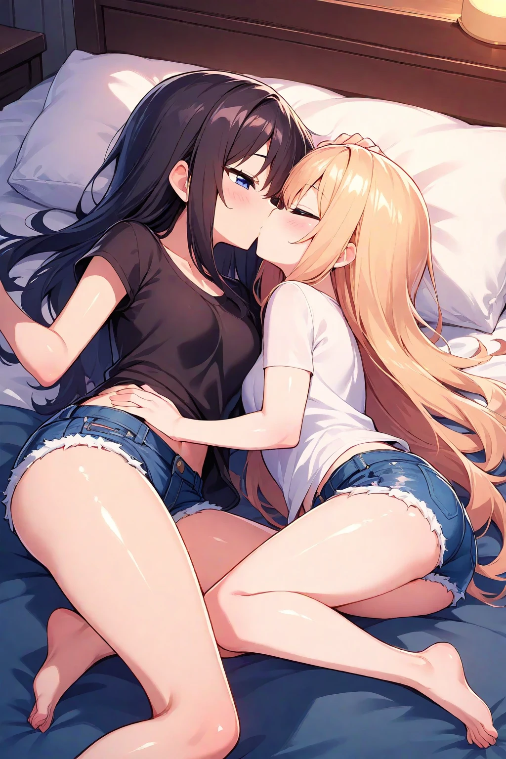Tabletop, highest quality,figure, wallpaper, Super detailed, Absurd beauty、((Two beautiful girls、16 years old))、(Blonde、Medium Hair、Wavy Hair、Very large breasts、Beautiful legs)、((hug、to kiss))、Casual clothing、Summer clothes、Tank top、Shorts、Close your eyes、blush、Shyness、On the bed