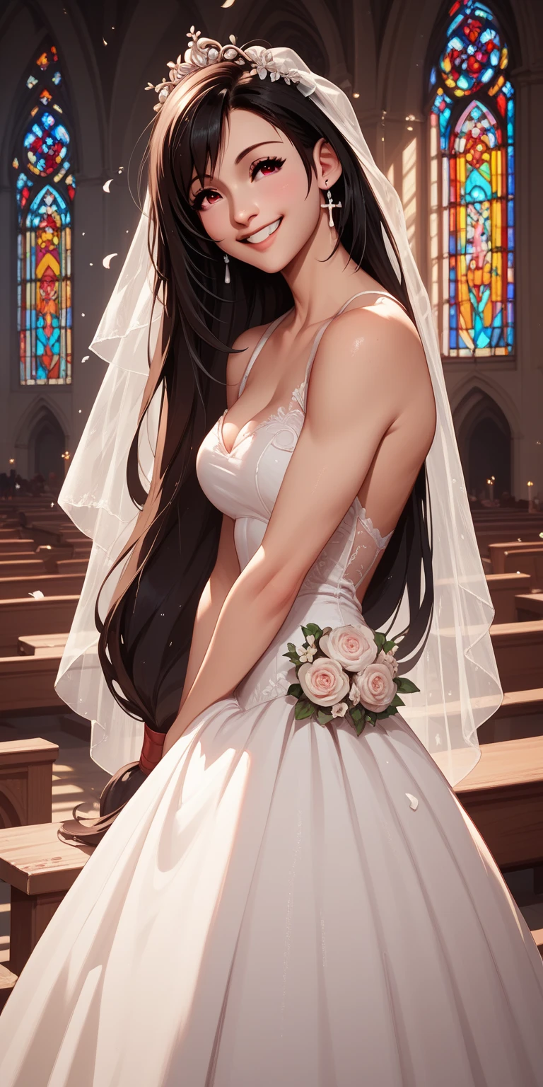 Pose: 1girl, masterpiece, highres, sonicedges_rias_gremory standing with her back facing the camera
Expression: Soft, confident smile with eyes looking into the camera.
Attire: Elegant ((wedding dress, bridal veil, wedding, bouquet))that complements the glamorous setting.
Hair: Styled to cascade over one shoulder, with light waves.
Makeup: Subtle yet elegant, with emphasis on the eyes and lips.
Background: A softly blurred wedding church.
Lighting: Warm, soft lighting that highlights the woman's features and adds a glow to her skin.
Accessories: Minimal, such as a pair of delicate earrings or a simple necklace.
Mood: Elegant, confident, and slightly mysterious.