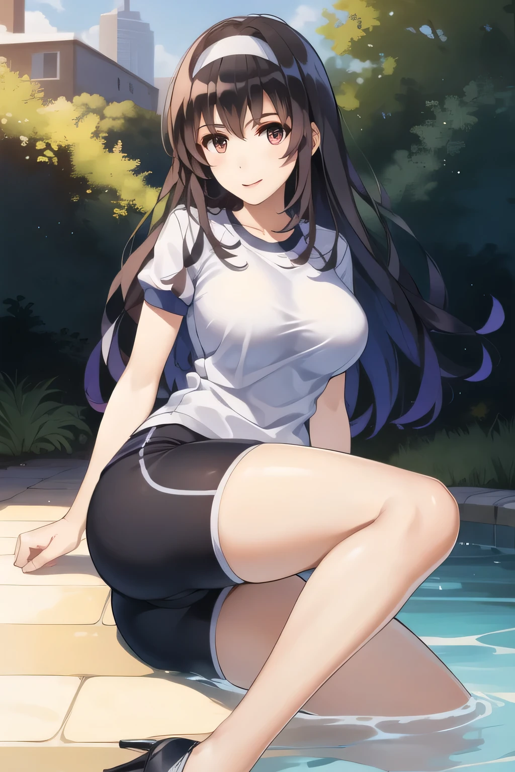 masterpiece, best quality, high quality, beautiful anime character, solo, anime girl with dark hair, (messy hair, long hair, choppy bangs, chopped bangs), purple eyes, medium breasts, mature female, tall female, big girl, thick, light smile, outdoors, almost full body, (school swimsuit), sitting, (whale tail, dark whale tail),