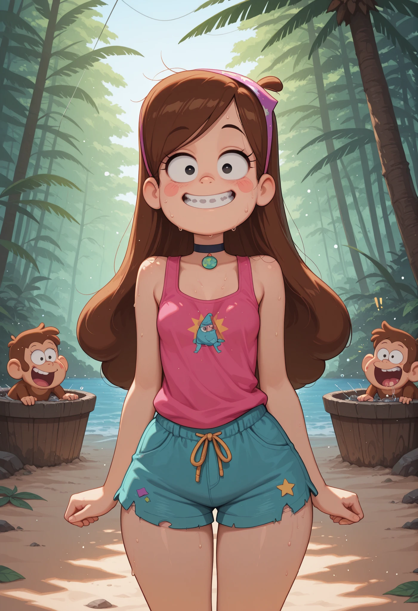Mabel Pines, blush stickers, brown hair. black eyes. half-closed eyes, small breasts, huge hips. long eyelashes, choker. | a comedic scene of a survival girl on a deserted island trying to shoot a handmade bow, but the arrow flies backward unexpectedly, surprised expression on her face, eyes wide and mouth open, sweat flying off her face, wearing a dirty tank top and frayed shorts, messy hair tied with a leaf bandana, standing on a tropical beach with a hand-made fishing net tangled nearby, a broken wash tub boat in the background, a monkey laughing in a tree, bright daylight, dynamic anime-style illustration with motion lines and expressive exaggeration, high detail and humorous tone