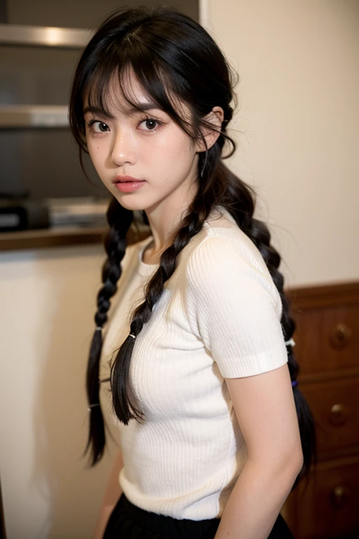 Japanese 14 yo girl, very long black hair on pigtails, very skinny, full view standing