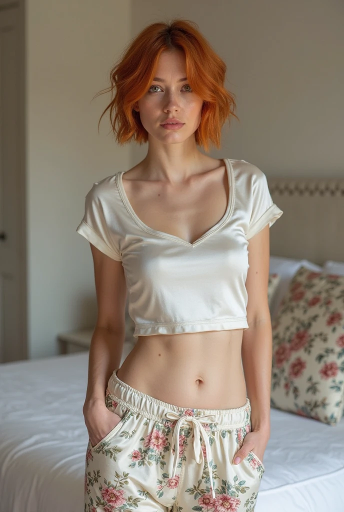 A pale skinned woman, early thirty’s, 5ft2, 34b chest, shoulder length straight orange hair. She is drunk on a sofa, in a ripped white mini dress, ruined make up, 8k, uhd, detailed face, body, full body visible, drunk face
