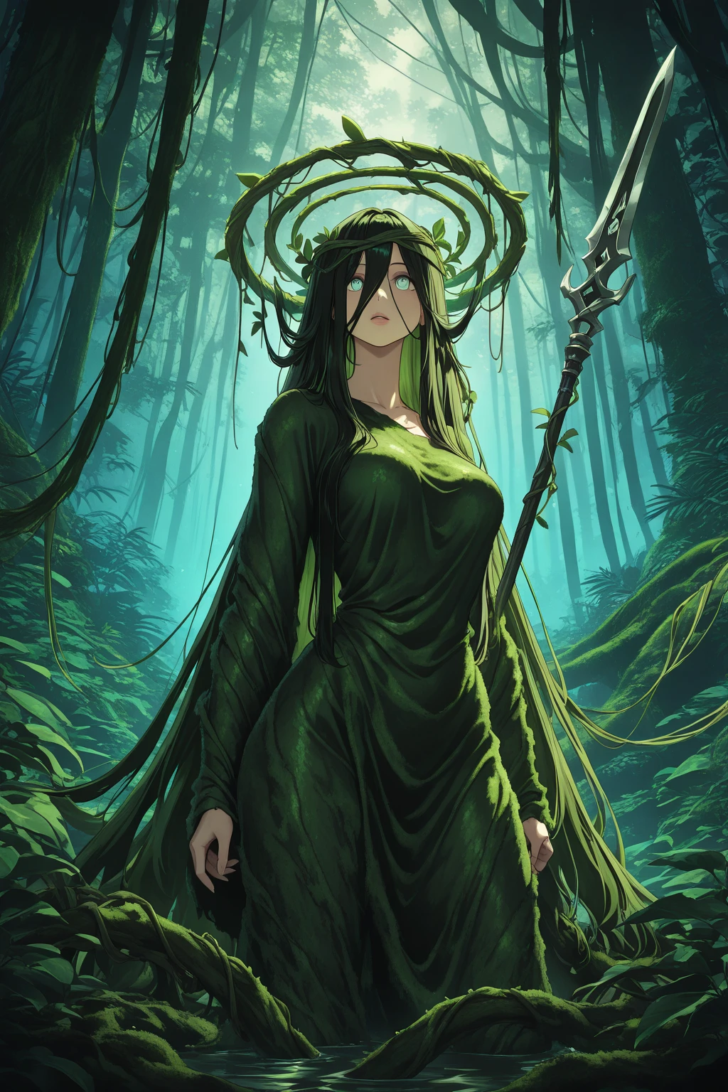 masterpiece, best quality, absurdres,ultra-detail,1woman,spirit woman,big eyes,perfect face,long hair,green hair,(translucent skin:1.3),lustrous skin,finely detailed beautiful eyes,green eyes,(green aura around body:1.3),(glowingthorns,growing branch,:1.3),ivy and thorns around body,cowboy shot,(green robe :1.5),(clothed:1.7),(green magic circle:1.3),(furrowed brow:1.3),angry
BREAK
(outdoor,forest,:1.3) <lora:SilvermoonMix06_V71:1>