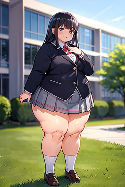 (best quality,4k,8k,highres,masterpiece:1.2), ultra-detailed, UHD, studio lighting, ultra-fine painting,sharp focus, physically-based rendering, extreme detail description, professional, vivid colors, bokeh, sexy woman, huge breasts, large breasts, curvy, voluptuous, black hair (straight bangs), brown eyes, long hair, female high school uniform, high school short plaid skirt, earrings, smile, walking, solo focus, high school, outdoors
