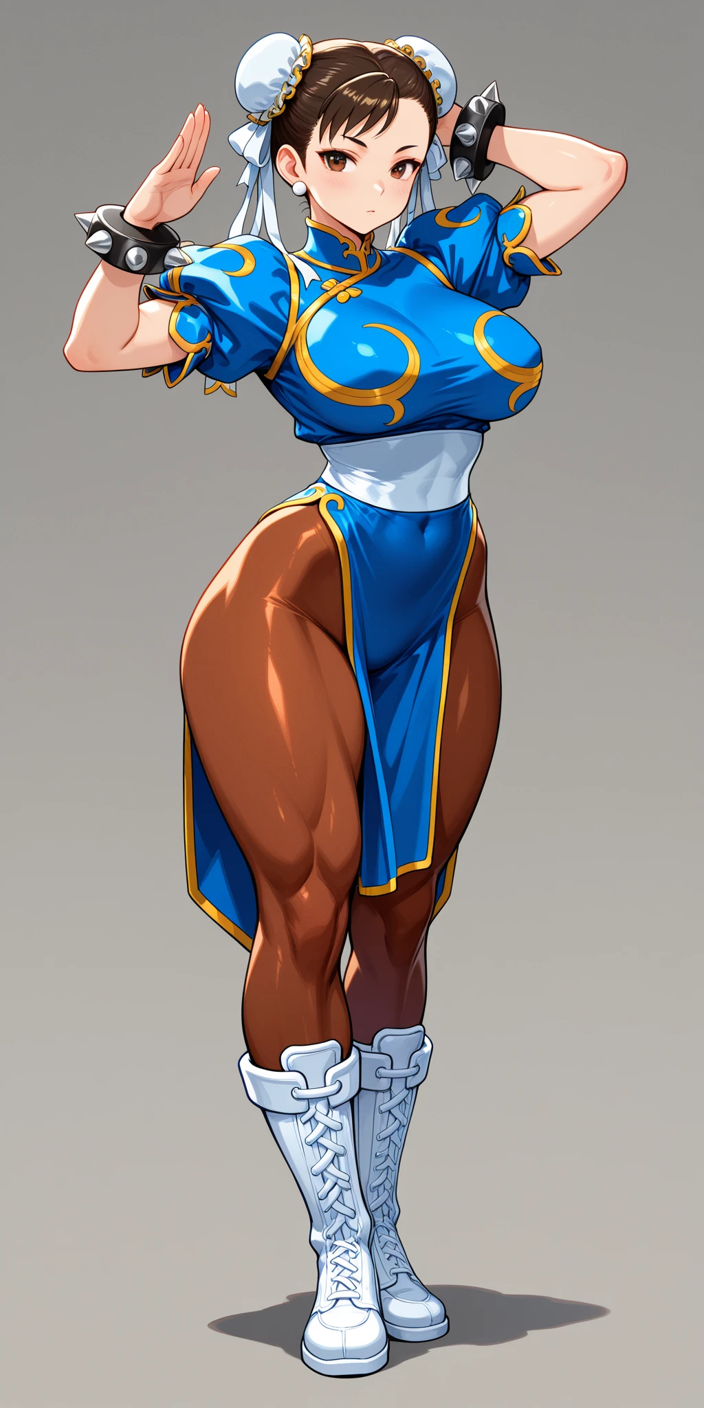 ((masterpiece)), (((best quality))), ((character design sheet)), ((full body view)) illustration,1girl, ((detailed face:1.4)) beautiful woman, ((Chun li) short brown hair, brown hair, brown eyes, double bun, hair ribbon, girl solo standing (((muscular girl toned body large breasts thick))) perfect anatomy perfect anatomy perfect anatomy best quality best quality standing (background, white background: 1.3)