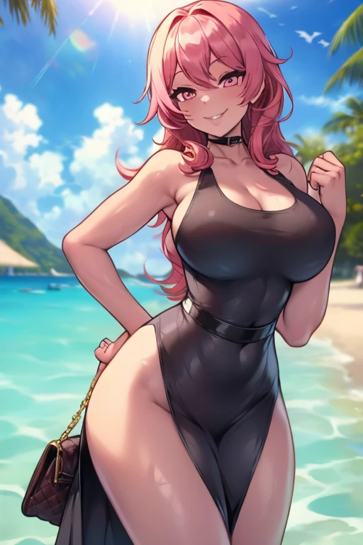 Lilia Greyrat, milf, old woman, red hair, maid dress, (( maid headdress,flushed, smile coqueta, black lipstick)) , (( flushed, smile, oiled skin, glasses)), picking up her breasts, (( rubor, Caderas anchas)), skinny body, ((big sagging breast )), long legs, open legs,Iparuputsua, standing, ((de pie)), on the beach at night, city lights in the distance, Cancun, image from below