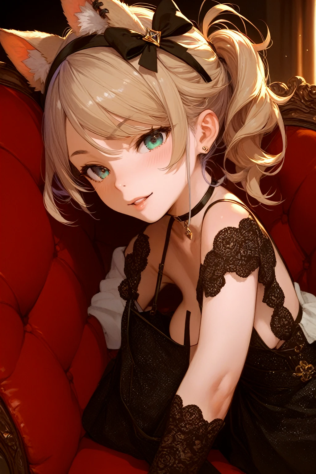 (masterpiece, top quality, very aesthetic, 4k、illustration), intricate detail, 1woman,solo,contrapposto 、(gradient eyes、tareme)、Strong glowing eyes、asymmetrical bangs,Fair skin,(upper body)、beautiful women、Cleavage、clear face、(red lipstick),beautiful face、(gradient hair)、(blonde hair)、low ponytail、sidelock ,,green eyes、Evening Dresses、medium breasts、slender 、