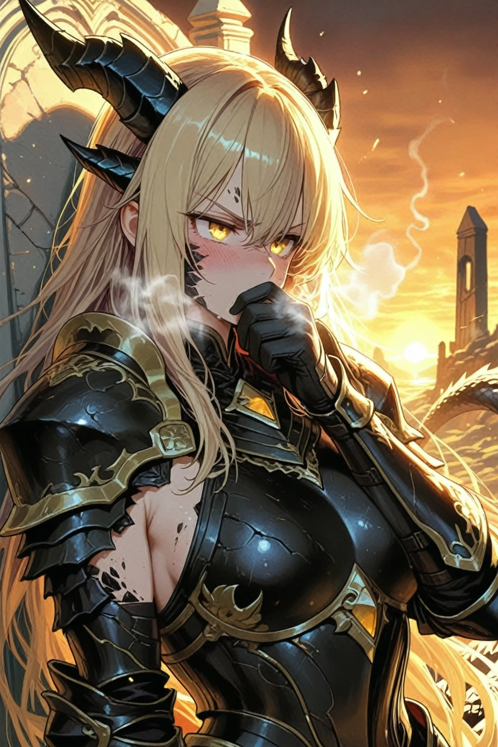((Highest quality)), ((masterpiece)), (detailed), （Perfect Face）、The woman is Tearju, a female dark knight with green eyes and medium-long blonde hair. She is wearing shiny black armor, a dark knight helmet, and a black cloak.々He has a great dark sword.