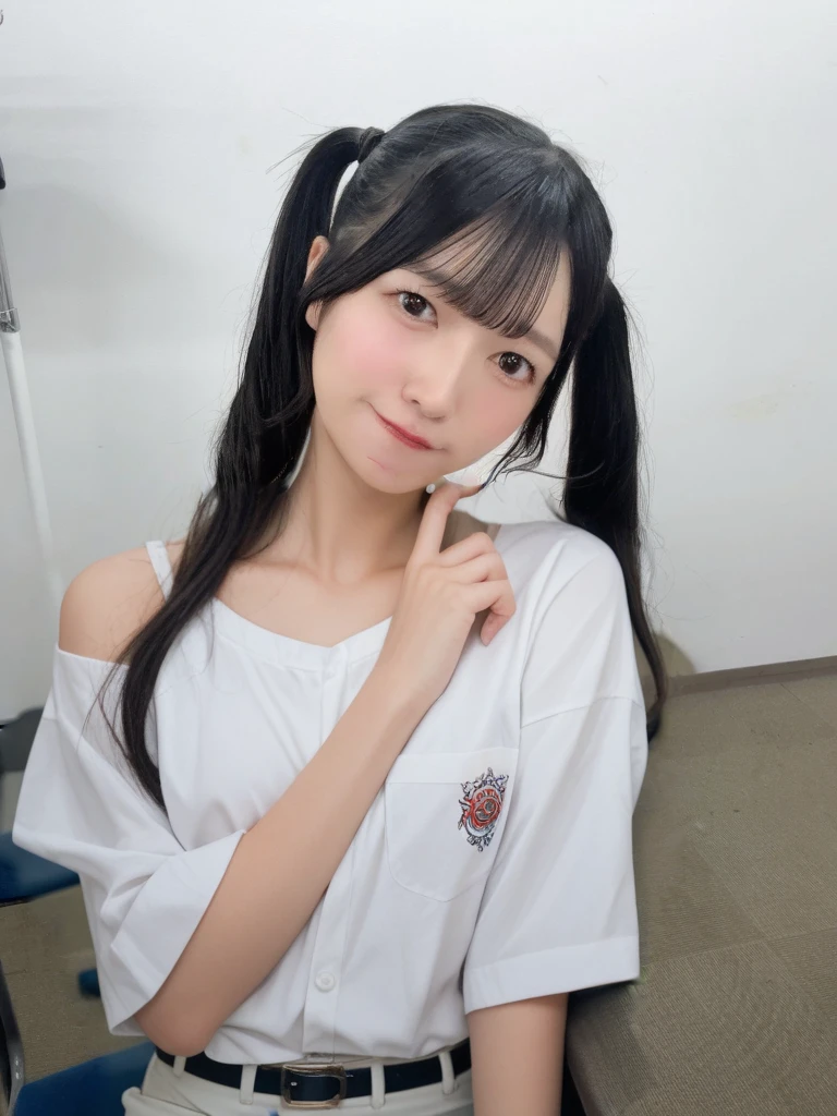 best quality, detailed, beautiful, insanely detailed, absurdres,perfect ???????,
Japanese female,black hair,27 years old,
(slender),
(small breasts best quality),
cheerful grin, squatting, legs spread, (hands tied behind head), braids, white t-shirt,white frilled skirt, full body shot, front view