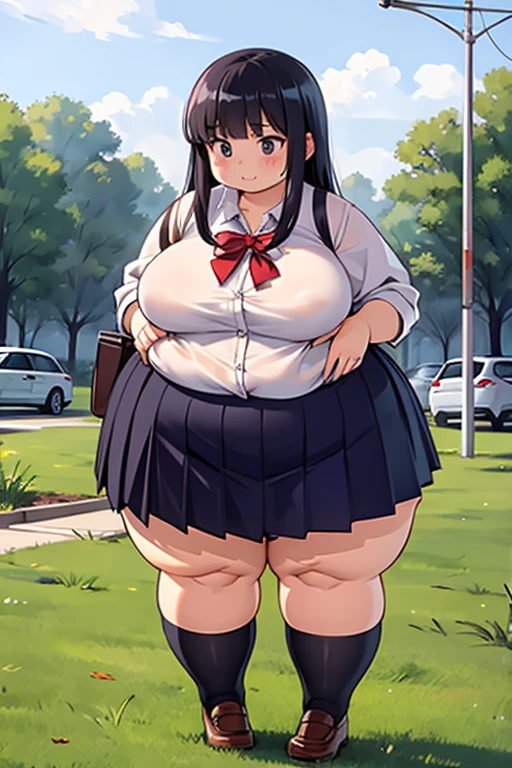 The background is a city., perfect by white girl, loli in dress, by white, by white god, cute anime waifu with beautiful clothes, ((big breasts)), Best Anime Wallpaper 4K, little obese loli, black girl hair, standing on a tree, in a park, super detailed face,