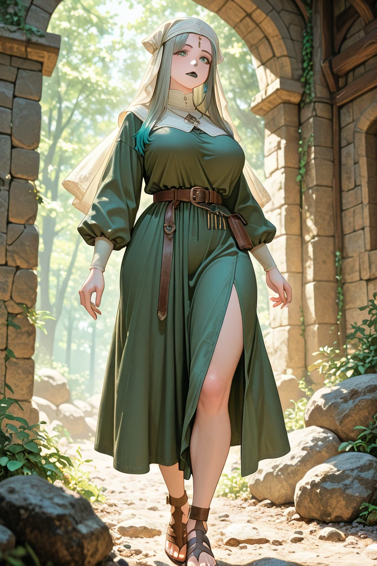 nsfw, (ultra-detailed, photorealistic, best quality, 4k, 8k, highres, masterpiece:1.3), Princess Daena Targaryen, age 30, a sophisticated and self-assured individual, Known for her timeless beauty and regal style, She has the classic Targaryen features of silver-gold hair and violet eyes, She has a refined sense of fashion, always appearing elegant and majestic, Her outfit includes a Top: A simple, sleeveless tunic made of coarse linen or wool, often slightly tattered or worn, revealing more skin than typical attire of the time, Bottom: A plain, ankle-length skirt made from rough fabric, with a modest slit to allow for easier movement, Shoes: Basic leather sandals or worn-out boots, practical and functional rather than decorative, Accessories: Modest wooden or bone jewelry, such as simple bracelets or necklaces, adding a touch of personal flair despite their simplicity, Additional: A rough, woolen shawl or cloak that she can wrap around herself for warmth, often adding a layer of mystery and modesty to her appearance, (((intricate detail, super finely detailed hands, ultra finely detailed fingers, ten fingers, walking confidently, full body showcase, show full body))), in a fantasy background featuring a grand medieval castle with towering spires, surrounded by lush, enchanted forests, and a distant, mystical dragon flying in the sky.