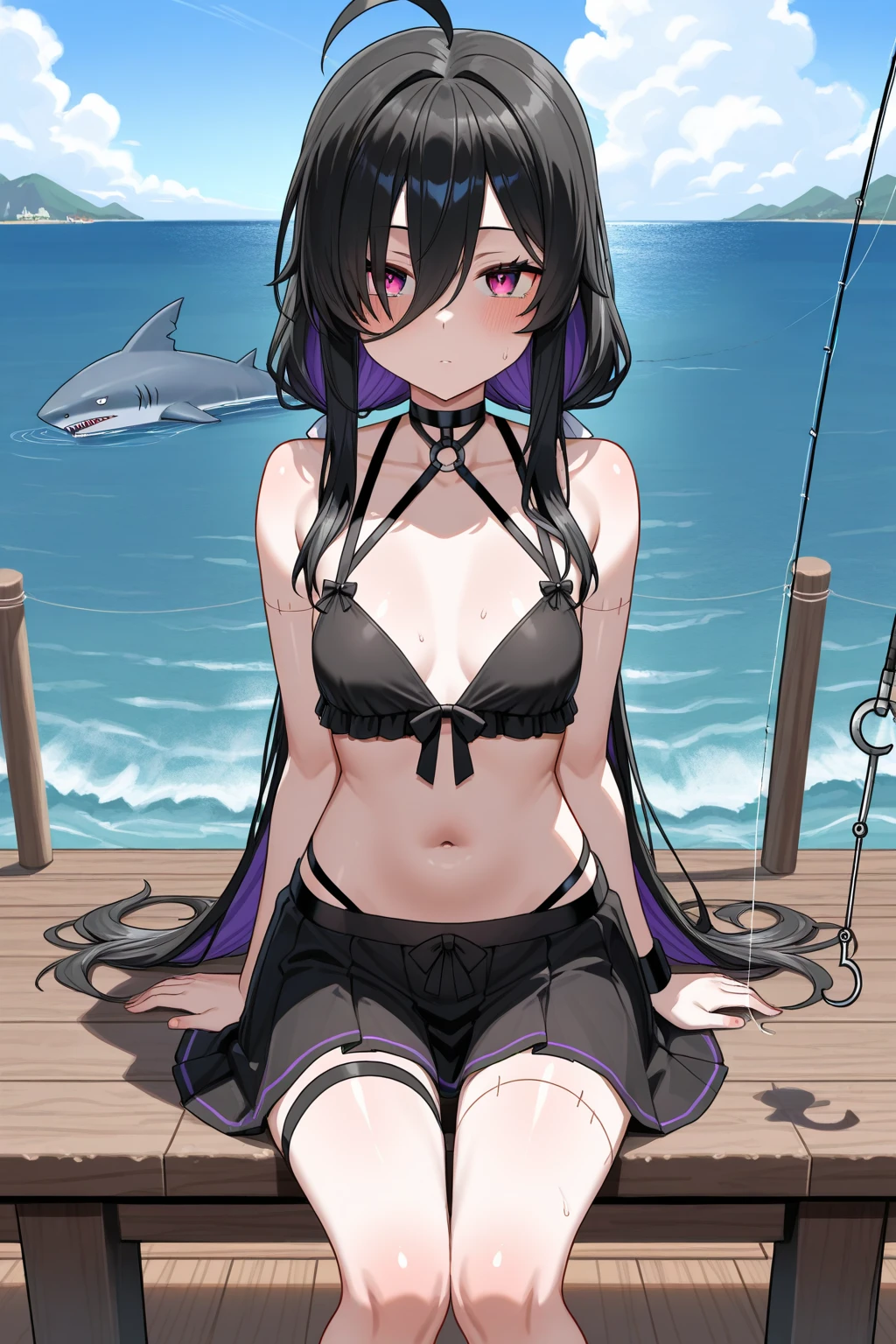 Inside the cottage, girl, liquid wet, lying down, black hair, purple eyes, white skin, with liquid, navel, rotor, electric machine, cylindrical machine, pink mushroom, leopard print bikini, micro bikini, blush, angry face, protruding milk ring, erect areola, gonzo, used condom, cloudy liquid