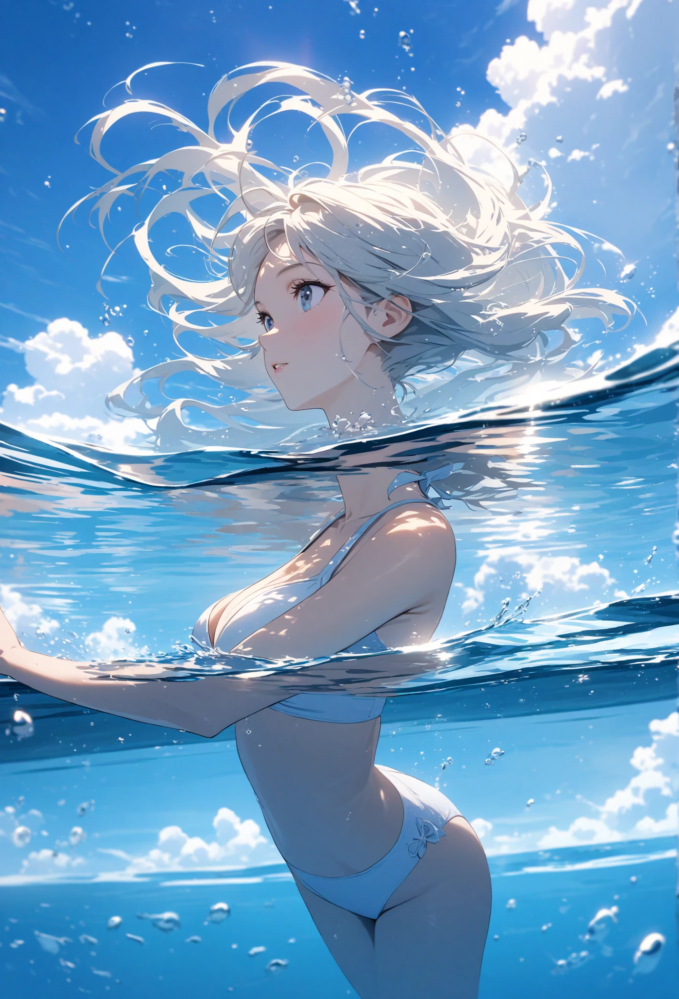 White haired girl wearing a striped bikini having fun with water bubbles