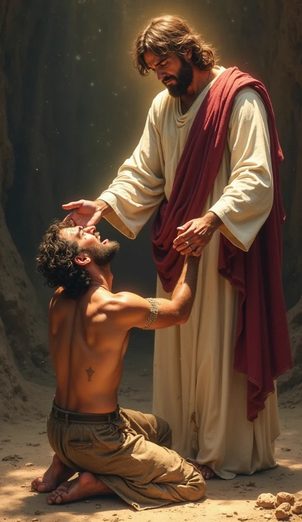An image of Jesus Christ placing his hands on the wounds of a man sick with leprosy and healing him 