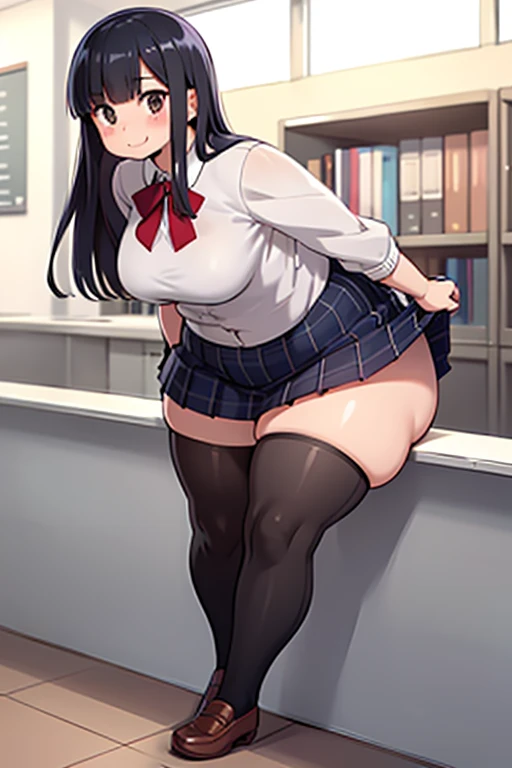 masterpiece, maximum quality, best resolution, 4k, black hair, green eyes, school girl, glasses, futanari, penis, lifted skirt, classroom