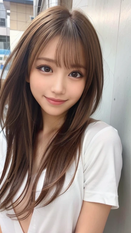 ((Selfie 1.6))((Smile 1.6))、front、Close-up face、Straight Hair、｟Looking into the camera｠Brown Hair、With bangs、Highest quality, Masseter muscle area, Ultra-high resolution, (Realistic:1.4), RAW Photos, high resolution, High definition, masterpiece、18-year-old girl、In the apartment
