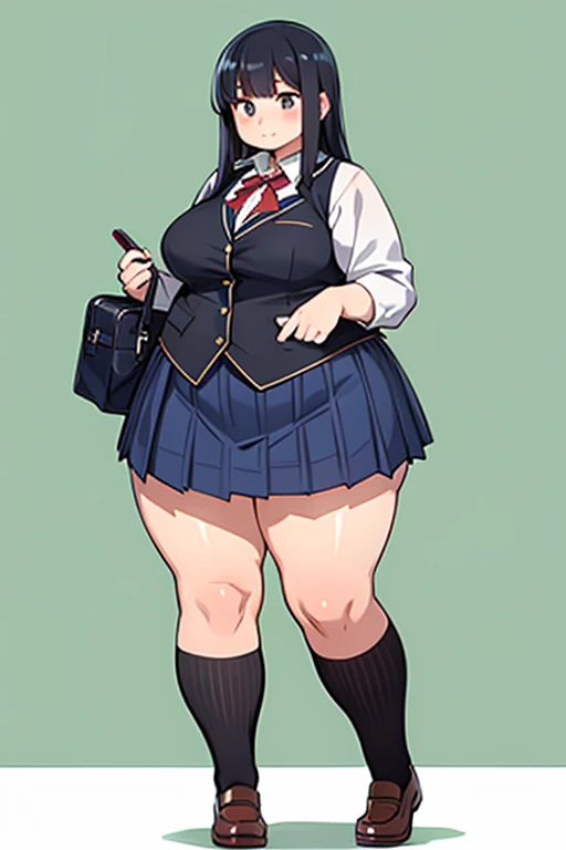 A girl, braid hair, Brown hair, wearing a uniform school, full body, short skirt, medium size chest, fat legs
