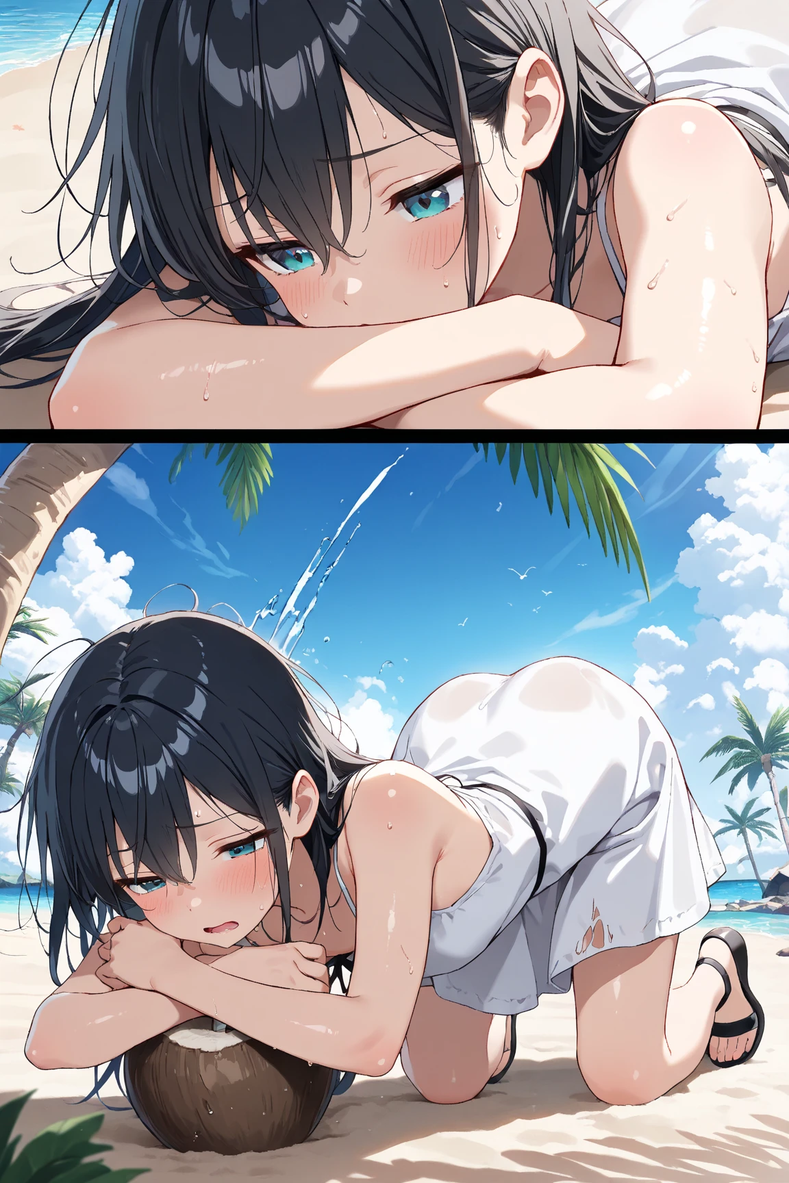 short hair, medium breasts, naked, doing push up, blushing, full body, on the beach, masterpiece ,very detailed, sweaty