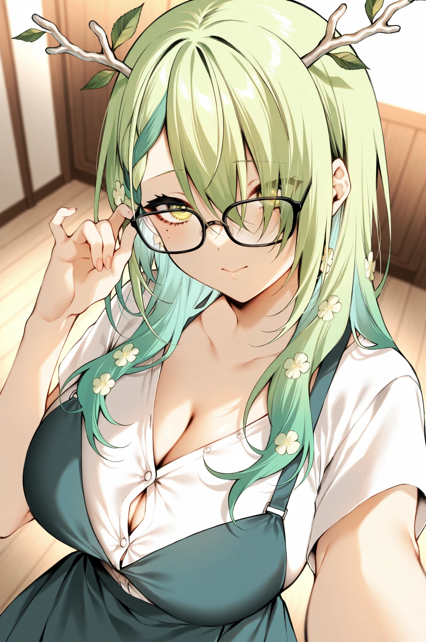 Wicked Smile、((Grin)) Hearts in the eyes Sweating profusely Embarrassed Adult Woman Adult female Sticking out tongue Shrine maiden costume Chest Shoulder Bare Green Hair Straight Hair semi-long Small breasts Ribbon on head Glasses Collar and chain gloves race