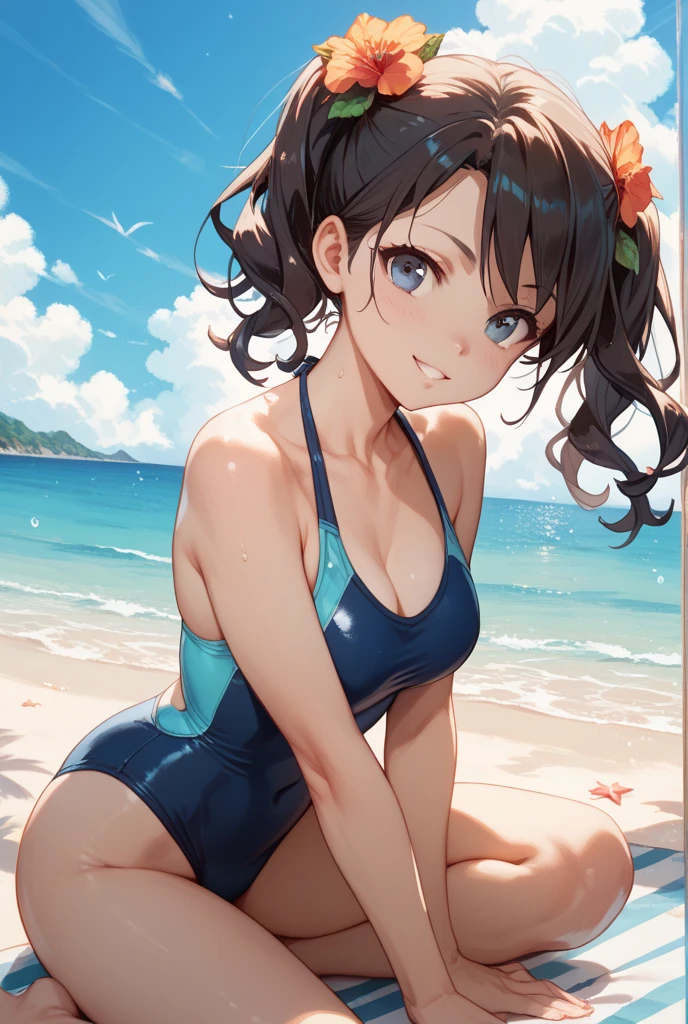 (masterpiece, best quality, 8k ultra high resolution:1.4), (Tropical, Beachside, Flowers: 1.4), depth of field, cinematic focus, from dramatic angle, emotional composition, Playful pose
BREAK
young kawaii girl, slender body, flat chest, provocative and smirk and love face expression, ultra detailed wet and shiny skin, dark blue one-piece swimsuit, (wet and shiny detailed swimsuits: 1.2), wet and shiny thighs, perfect hip
BREAK
(realistic: 1.2), beautiful pony-tail hair, wind, detailed in the wind, petals dancing in the wind
BREAK
ultra detailed crystal eyes, bright green jewelry eyes
