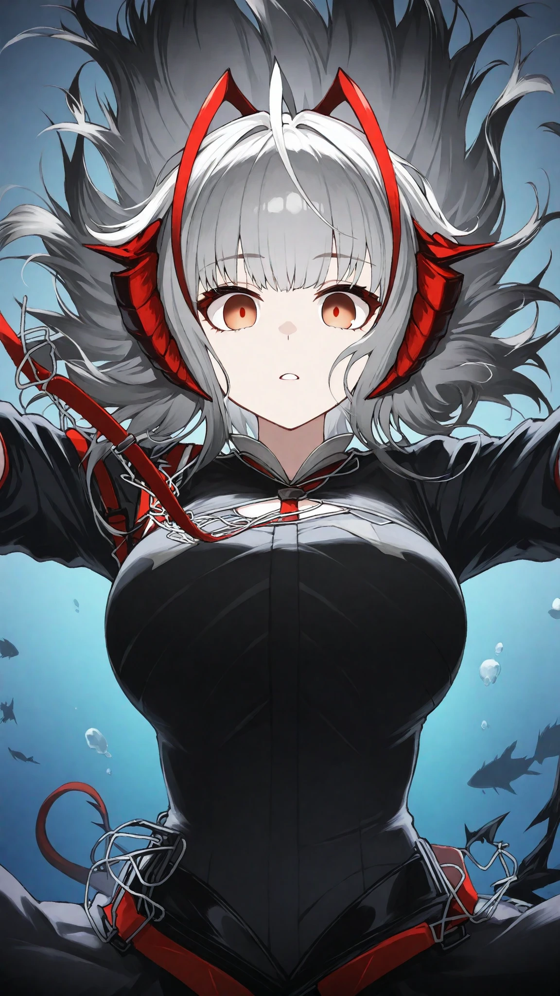anime_screencap, anime coloring solo, W \(Arknights\), Arknights,detailed face( LoRA: W \(Arknights\),anatomically correct, detailed hair Style( LoRA: W \(Arknights\), Detailed bangs( LoRA: W \(Arknights\), silver hair, short hair, orange eyes, empty eyes, very large pupils, large breasts, best quality , masterpiece, High Resolution, red tanktop jacket open, black tanktop, hair flowing freely upwards underwater, sinking underneath, submerged underwater, drowned underwater, motionless body, waved arms up, light headed, pale face, shocked expression, blank and cold stare, mouth agape, staring directly at viewer, half body front view, dark pool background