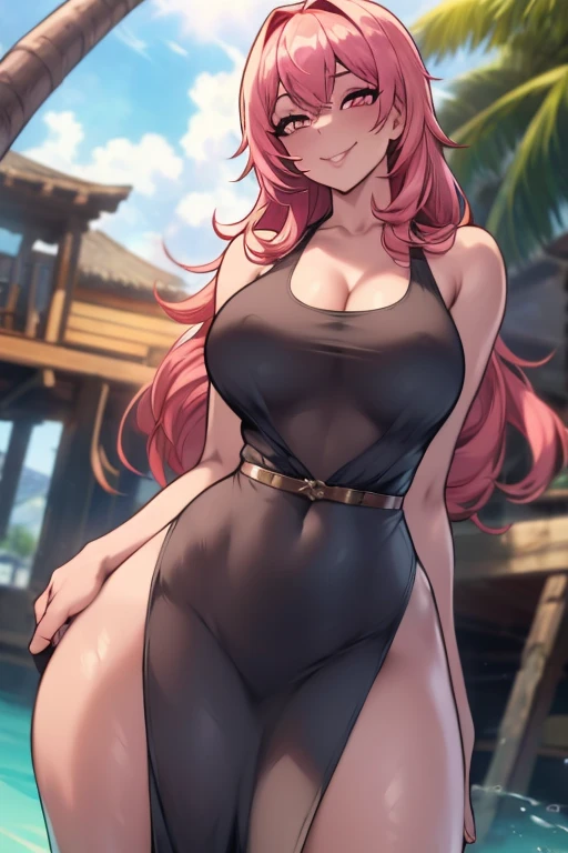 ((masterpiece, best quality, ultra-detailed)), 1girl, beautiful woman on the beach, smiling, blush, wearing black beach bra and maxi pencil skirt, long pencil skirt, necklace, bracelet, sandals, wavy red hair, summer, beach