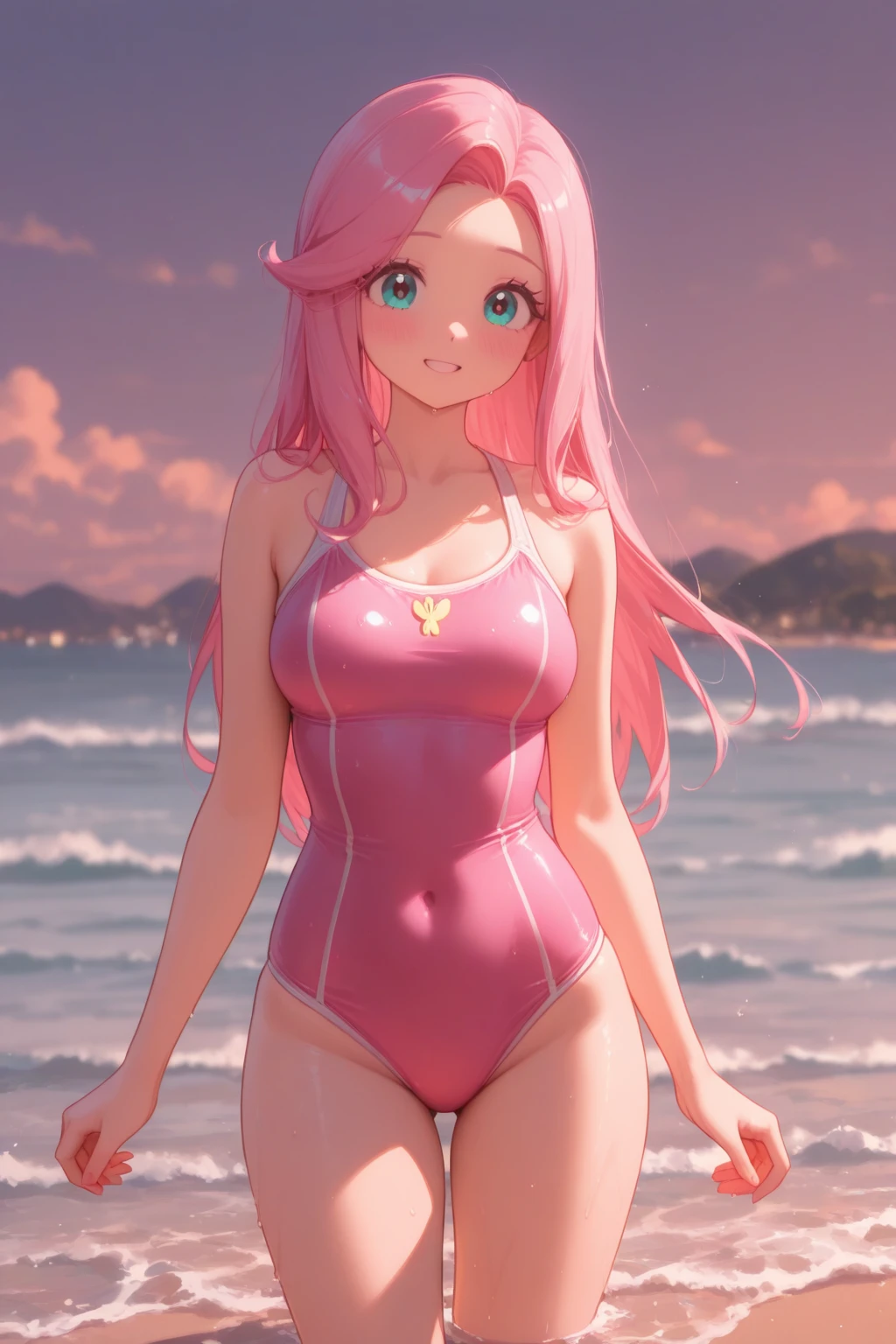 Create a female character, Like Zero Two, Dell's Anime Franks' Darling, Pink-haired person, Horned hair ribbons, swim wears, wet, Water in the body, Beach in the background, She eats ice cream, glowing sun, Reflection of the sea, 4K, the detailed images, good quality, Many details、Beautiful fingers、thin arm