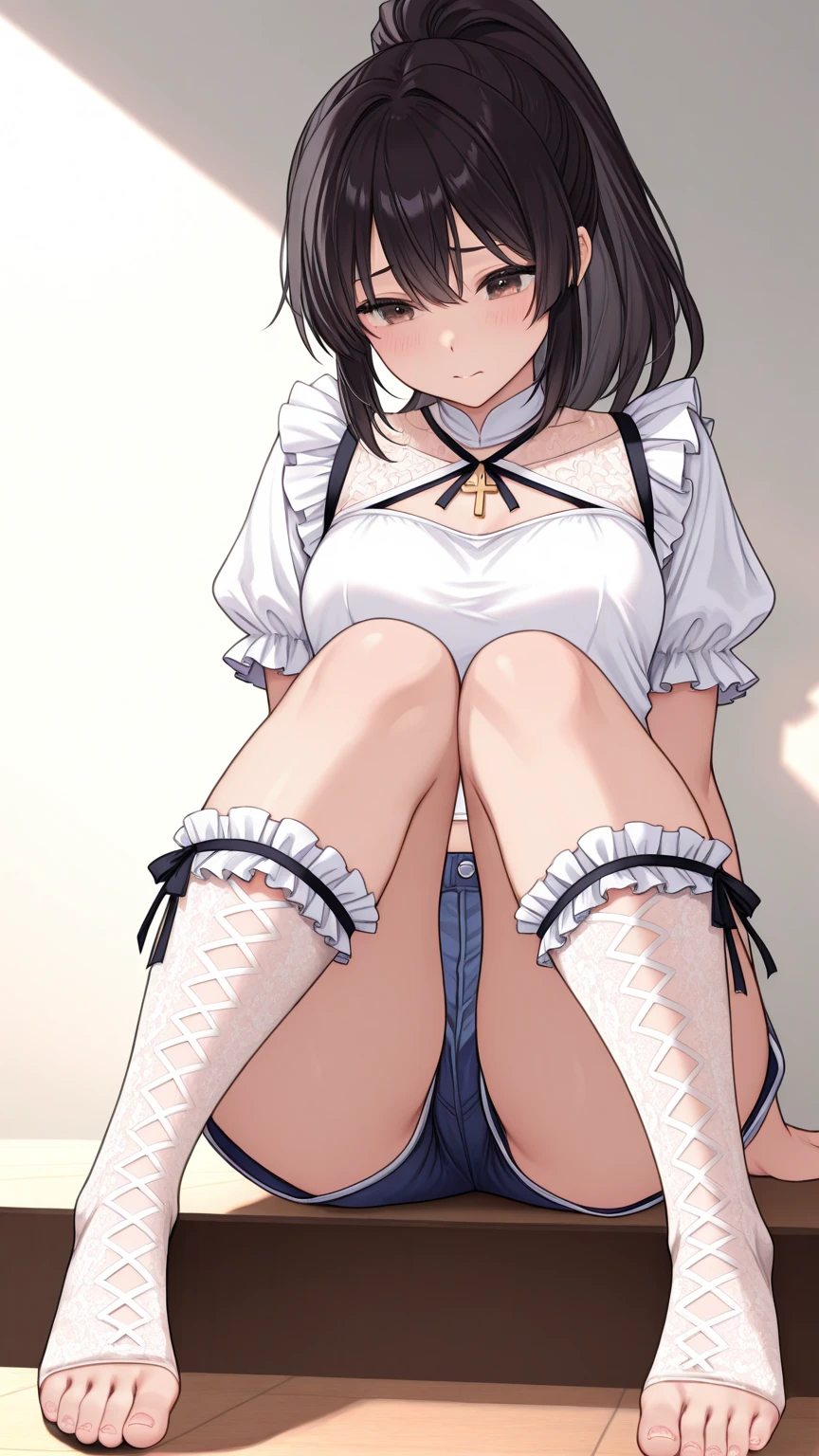Sitting cross-legged, hands Pick up the tip of the skirt, lifting it up to show her pussy., not wearing underwear, pussy visible from behind,thailand student dress, cosplay thailand school,blue skirt mini,white shirt,black hair ,short hair,no panty