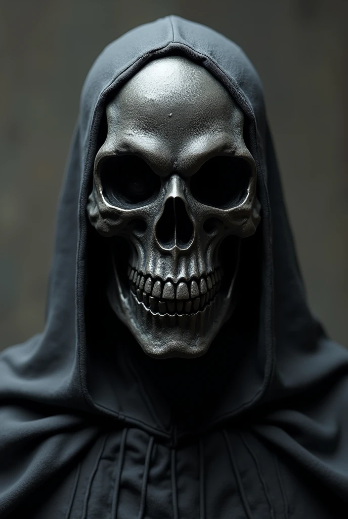 Make a picture of a skull with a hood, with arms and abs, on black and white background, that the image is centered from the head to the hip, Black background