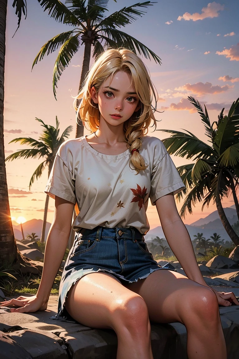 (1 girl), large tanned breasts, wavy blonde hair, translucent t-shirt, stunningly beautiful girl, in a natural environment with trees, sunset