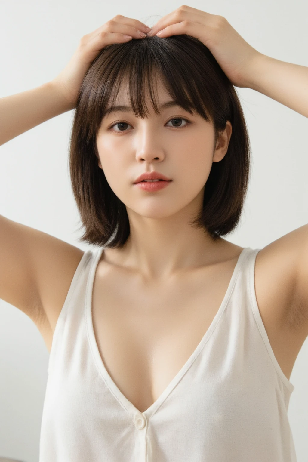 20 years old girl、((white tank tops, dramatic pose)),smile,short cut,Natural Park、RAW photo, (10、最高品質、master-piece:1.2)、(intricate detailed:1.4)、(real light:1.4)、Octane Rendering、Sophisticated 3D rendering, exceptional detail, studio soft light, rim lights, vibrant details, Super Detailed, hyper-realistic texture, face detail, beautiful detail eyes, Very detailed CG Unity wallpaper 16k, Make - More, (Background details:1.2), oily shiny skin, Full body、breast cleavage,((Stand with your hands folded behind your back.、leaning forward、angle from above))