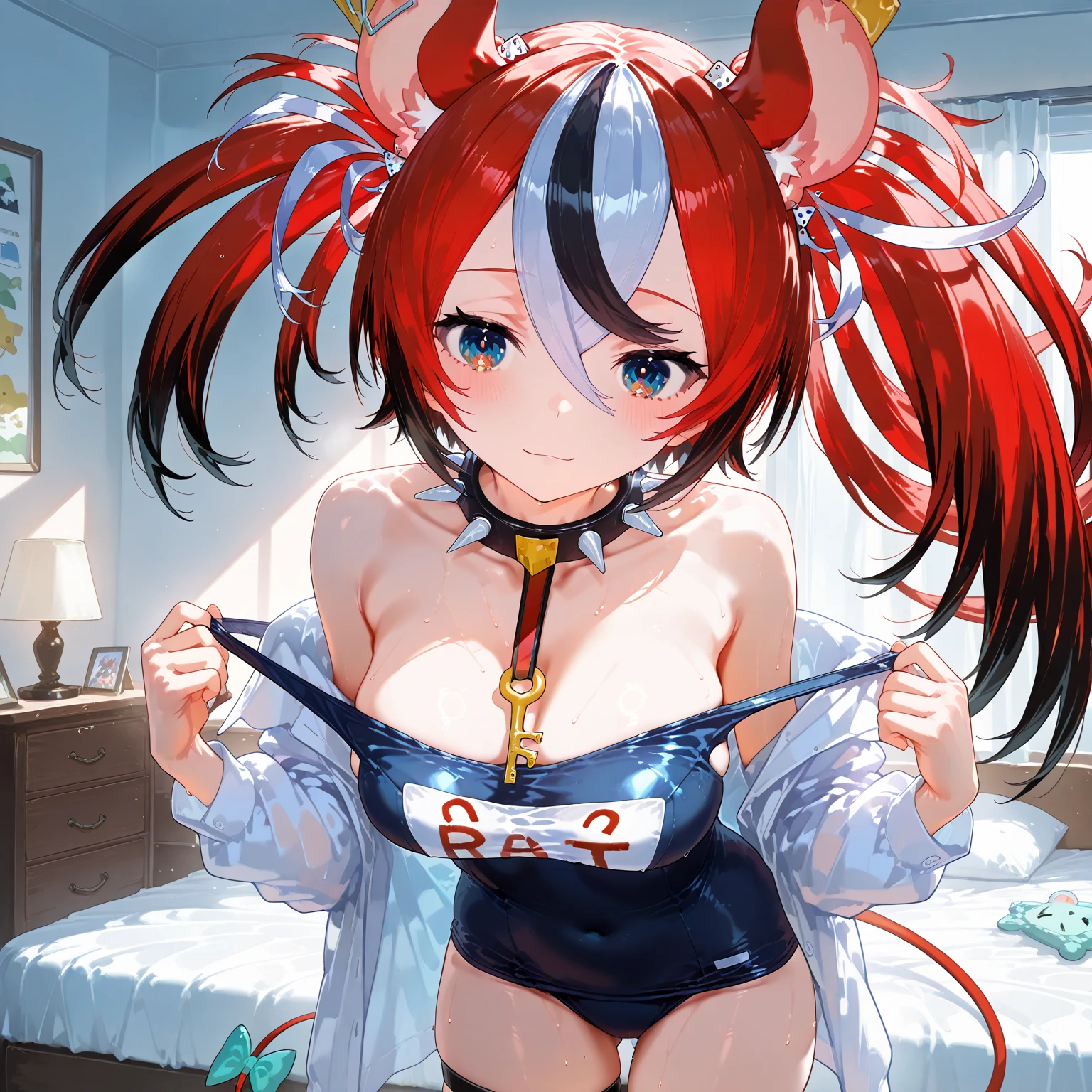 best quality, intricate details,nipple ring, <lora:nipplePiercing_v20:0.7>
1girl, long hair, red hair, messy hair, red highlights, hair over one eye, blue eyes, sharp eyes,
choker, torn legwear,
hakos baelz, <lora:all holos hll1:0.8> <lora:hakos baelz:0.8> <lora:hakosbaelzepoch-000003:1>,