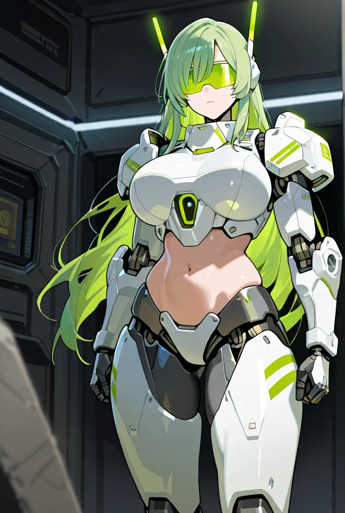 A girl who was taken into a robot as a biological unit,Leg spread,Spread your arms,Bend your knees,Limb restraints,Nipples,genital,Pussy,Combat Robot,Yellow aircraft,Red fuselage,Blue-green light,Fusion with machines,Mechanical blindfold,Not free,The limbs are integrated with the robot.,Large weapons,A girl is violated in the vagina by a mechanical penis