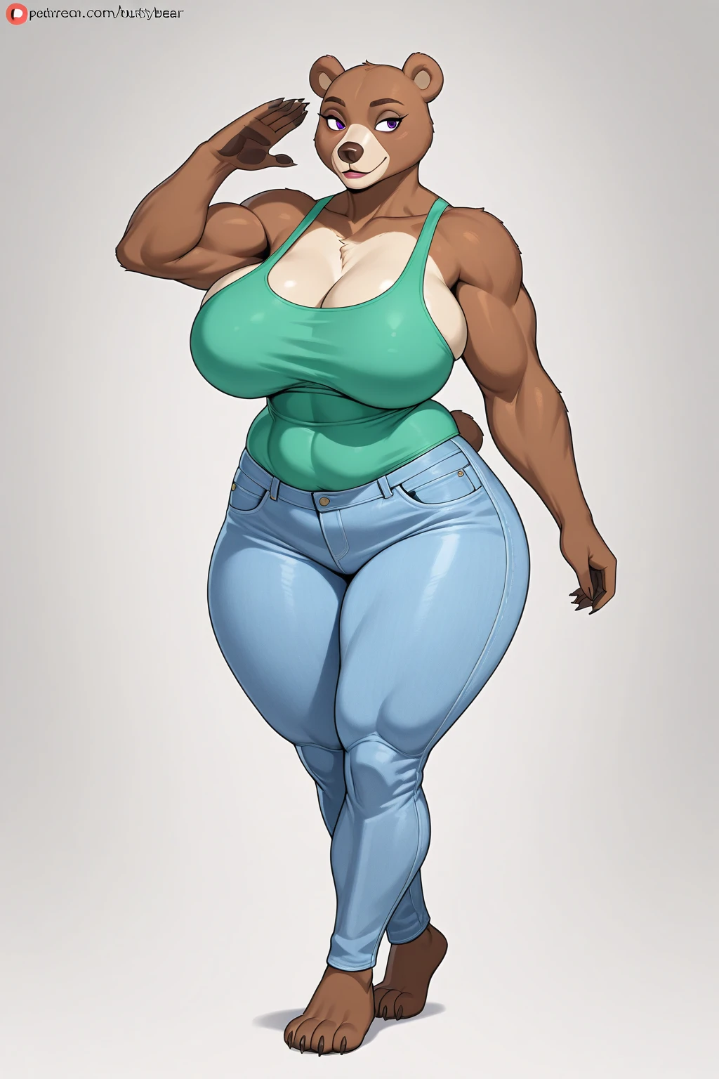 by bebebebebe, by spuydjeks, by pixelsketcher, solo, standing, female, (((muscular, buff, strong, broad shoulders, big biceps, big breasts, long legs, street, canine, ((hair, snout)), looking at viewer, detailed eyes, brown wolf, thong, bra