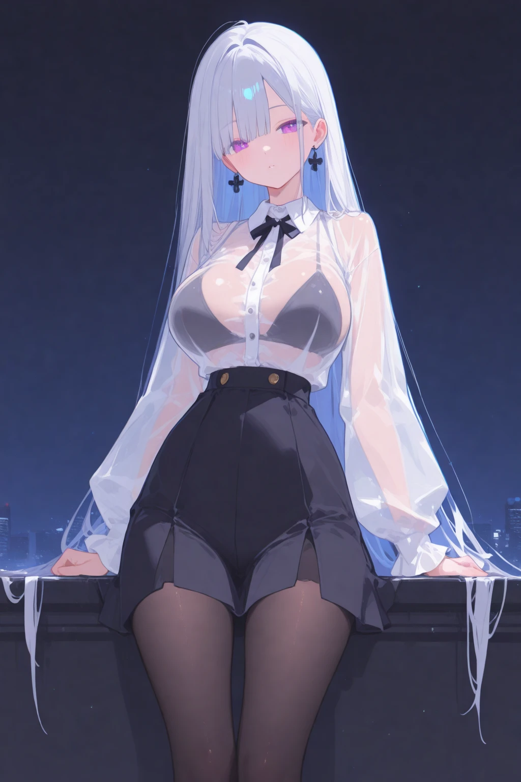 (RAW photo:1.2), (realistic:1.4), beautiful detailed girl, very detailed eyes and face, beautiful and fine eyes, That&#39;s ridiculous, incredibly That&#39;s ridiculous, huge file size, Super detailed, High resolution, very detailed, highest quality, masterpiece, ((fashion clothes in diverse colors)), figure, very detailed, cg, unified, 8k wallpaper, wonderful, small details, masterpiece ,highest quality, very detailed cg uniform 8k wallpaper, light shines on your face, movie lighting, 1 girl, 16 years old, long white hair, side split, (big breasts), (No panties)), (Glasses), ((dynamic pose))), ((sexy pose))), (camel toe), (half), (pantyhose)), ((black hip skirt))