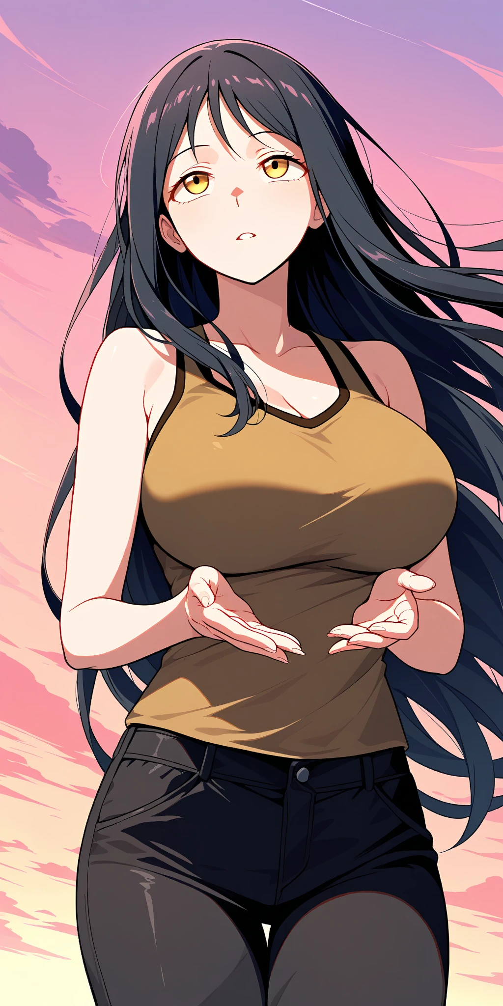 (hews art style:0.7), (hero neisan art style:0.7), score_9, score_8_up, score_7_up, score_6_up, score_5_up, score_4_up, uncensored, KJOcattleya, black hair, purple eyes, long hair, parted bangs, BREAK (masterpiece:1.2), best quality, high resolution, (detailed eyes:1.3), perfect lighting, (perfect hands, perfect anatomy), large breasts, standing, virgin_destroyer_sweater, heart hands, embarrassed, clenched teeth,