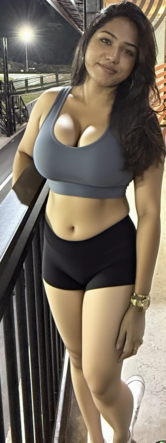 Day time beautiful indian model divya bharti in park , (park :1.5), curly brown hair:1.5, tight cloths:1.5, wet body:1.5,wet face:1.5, close up shot of vedhika from front view, wearing crop top and scott, red big natural lips, in park, look at viewer, smile, big and curvy cheeks, hourglass figure, sexy navel, ponytail, necklace, (cinematic:1.3), intricate details , (ArtStation:1.2)