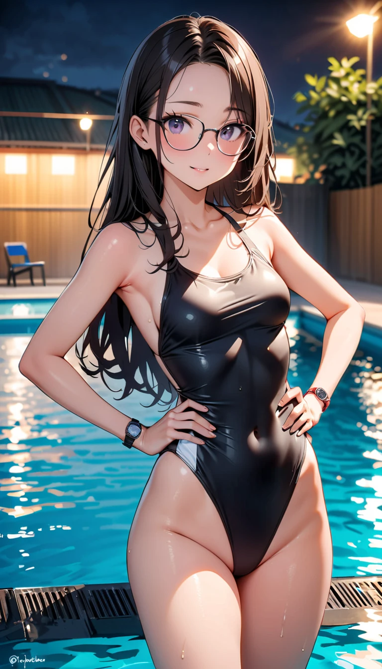A stunningly detailed illustration of a high school girl wearing a white one-piece swimsuit with elegant White Piping, her skin perfectly tanned and glistening with drops of water. The artwork is captured in a mesmerizing 8K resolution, showcasing the artist's extraordinary attention to detail. The girl is depicted in a pool setting, her big eyes shining with a beautiful expression of joy and laughter. Her long hair, adorned with a hair band featuring a charming ribbon, cascades down her back, creating a lovely contrast against her dark-colored parted bangs. Adding to her sophisticated look, she wears fashionable rimless eyewear that complements her overall appearance. The artist skillfully portrays the textured sKin, enhancing the realism of the artwork. This