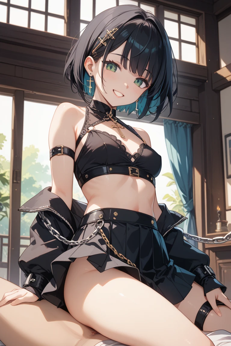 black hair, bob cut, crystal hair, cinematic lighting, ((masterpiece)), accurate, super detail, textured skin, high quality, high details, best quality, highres, Guitarist performing at a live venue, bathed in a multi-colored spotlight, Worn leather jacket, choker, earring, kneeling, Electric guitar