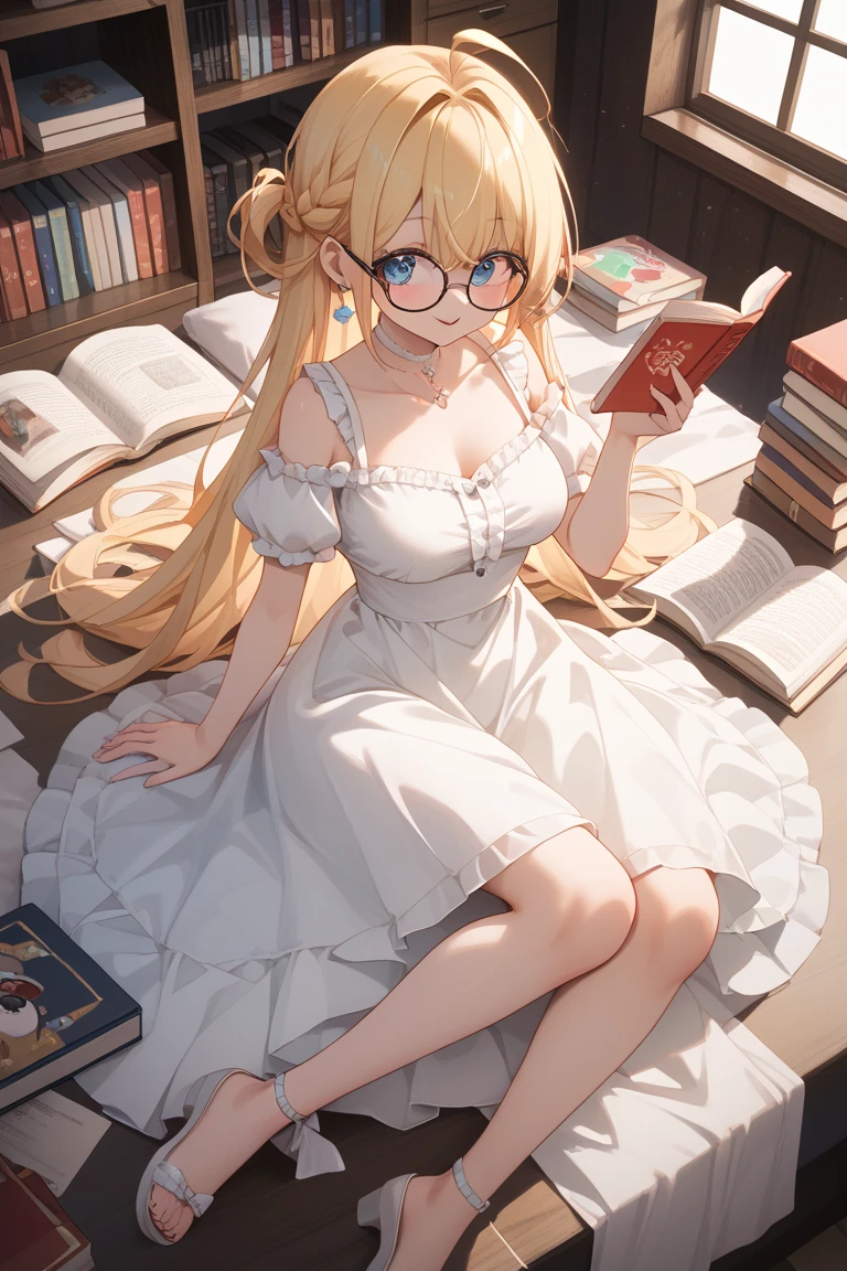 Tabletop, highest quality,figure, wallpaper, Super detailed, Absurd beauty、((1 beautiful girl、16 years old))、(Blonde、Long Hair、Braided hair、Wavy Hair、profile、Sit down and read a book、concentrating on reading、Wear glasses、Showing cleavage)、My Room、Casual attire、Summer clothes、Loungewear、evening、Backlight、The window is open、Hair swaying in the wind