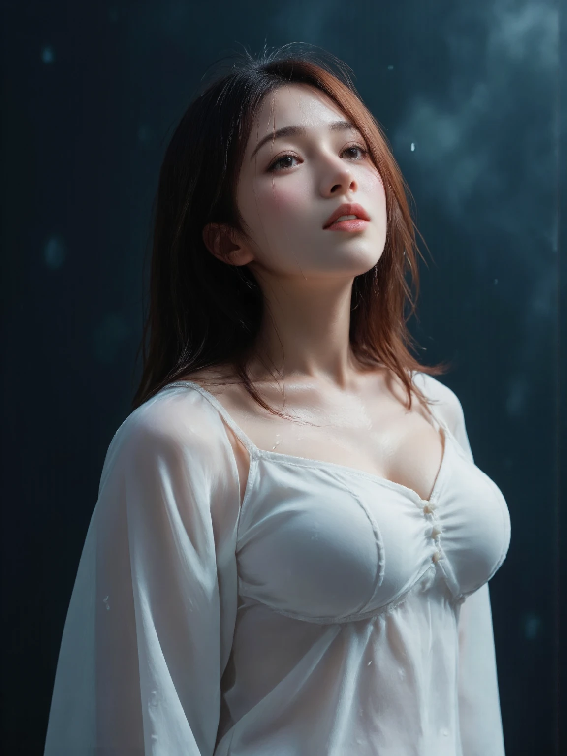 1girl, 18 years old, mix4, (8k, RAW photo, best quality, masterpiece:1.2), (realistic, photorealistic:1.37), cute, night, rain, humid, professional lighting, photon mapping, radiosity, physically based rendering, ultra high resolution, (medium breast: 1.2)