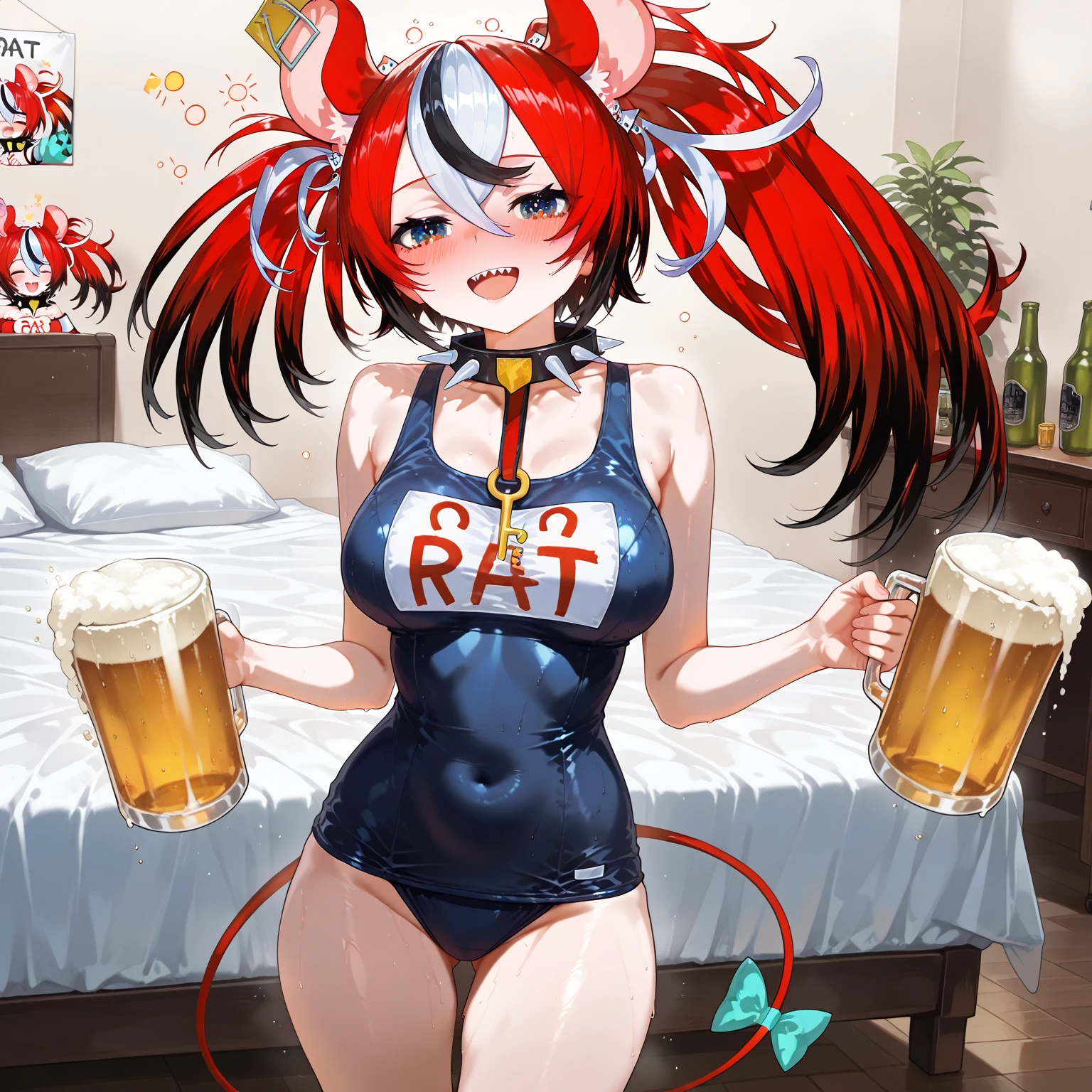 (cartoon:1.2), ((full-body shot)), ((solo focus)), ((femboi:1.4)), (masterpiece:1.2), (best quality:1.2), (beautiful), (fine), (delicate), (perfect eyes:1.2), (perfect face:1.2), (perfect lighting), animal ears, looking at viewer, blushing, smiling, ram horns, light blue hair, trapezoid body, bottom heavy, flat chest, hooters:1.3, white shirt, orange shorts, orange thigh highs, skindentation, holding plate and beer, sfw