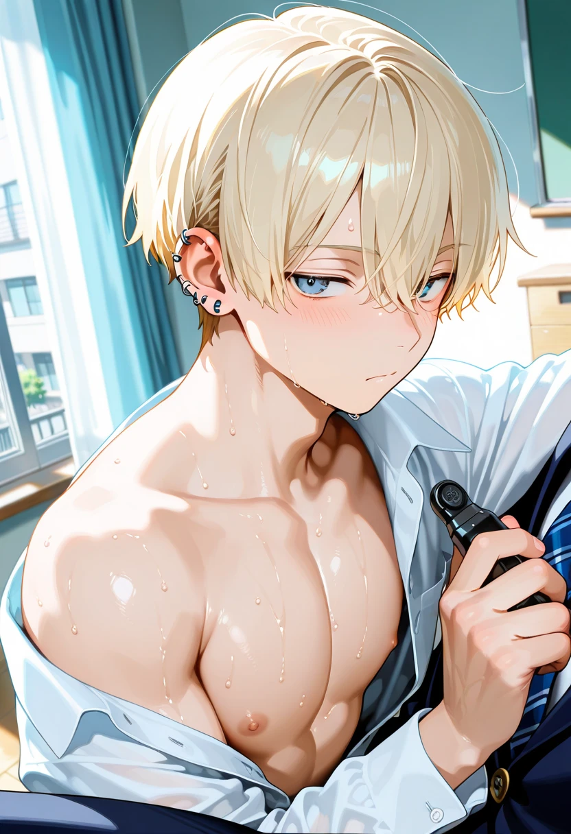 ultra-detailed, masterpiece, best quality, highres, extremely detailed, nsfw, (solo shoot:1.5), (1boy:1.5), man, (lean guy:1.5), short hair, work clothes, open shirt, bottomless, torn clothes, drunk, (restrained:1.5), shackles, handcuffs, gagged, bondage, (excessive cum on body:1.5), strobe lighting, spotlight, 