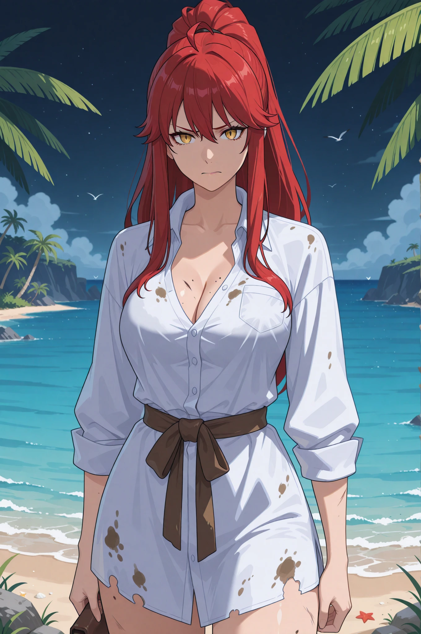 best quality, masterpiece, highres, solo, {night:1.10}, {starry sky:1.10}, beach, beautiful detailed sky, {extremely detailed background:1.20}, {aozaki_touko_karanokyoukai:1.15}, {standing:1.10}, looking at viewer, {bikini:1.30}, red_hair, ponytail, jewelry, red_eyes, light smile