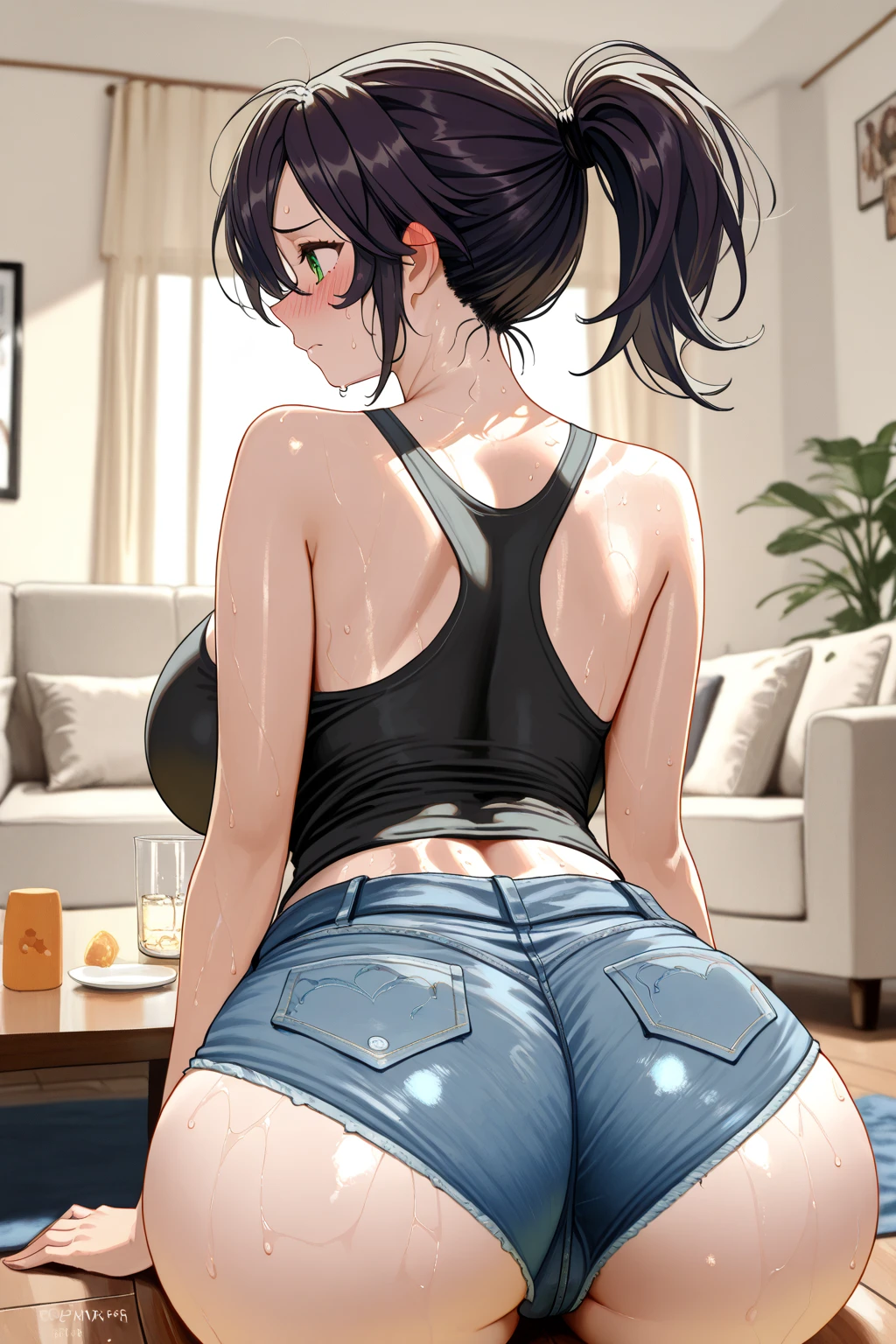 ((masterpiece,High resolution,Highest quality,8k))
(Black Hair、short hair、Blue eyes、Big Breasts、Yellow T-shirt、Light blue shorts))Rear view,From behind、Big Breasts、Whip ass、Summer tatami room、Expressionless、I have a book、Chubby body type、