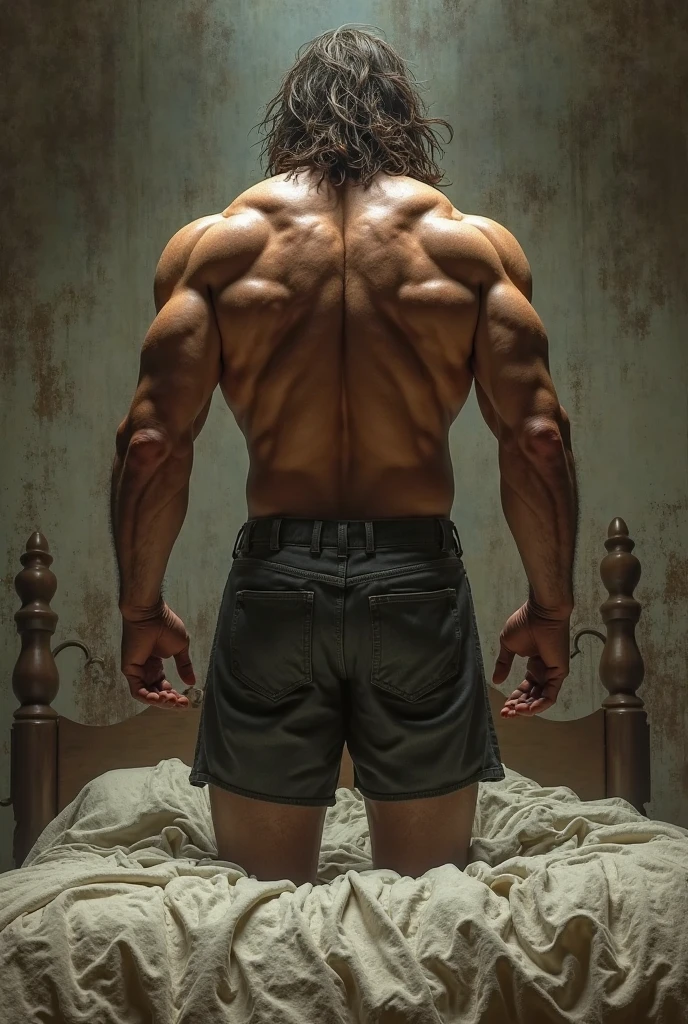 hulk photography, light cinematic heavyweight bodybuilder, 75 kg of complete muscle, Bigote grueso y trozo chino barbudo, hombres muy guapo. perfect body proportion,, hypermuscular nalgon, detailed, realista, blue white jeans, backside, trasero . lying in bed backside jeans down