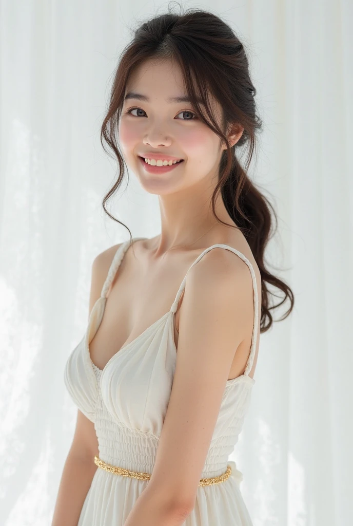 Beautiful 25 year old woman。She is wearing a summer wedding dress. She is smiling on illuminated by the evening church lights . romantic sunset. her dark brown hair. High resolution、masterpiece、highest quality、頭w:1.0、((Hasselblad Photos))、fine skin、(movie lighting)、clavicle . full body picture.