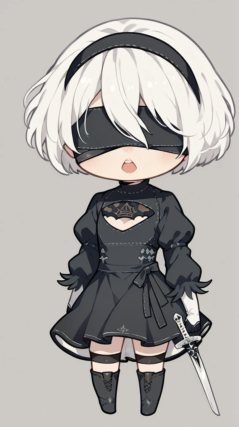 2b, long_sleeves, gloves, dress, cleavage,black_gloves, puffy_sleeves, black_thighhighs, mole, black_dress, clothing_cutout, cleavage_cutout, black_hairband, juliet_sleeves, mole_under_mouth, blindfold, vambraces, covered_eyes, black_blindfold,anime,short_hair,???
